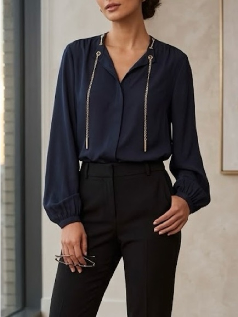 Michael Kors Black Gold Chain Detail Blouse Quite Luxury Fancy Going Out